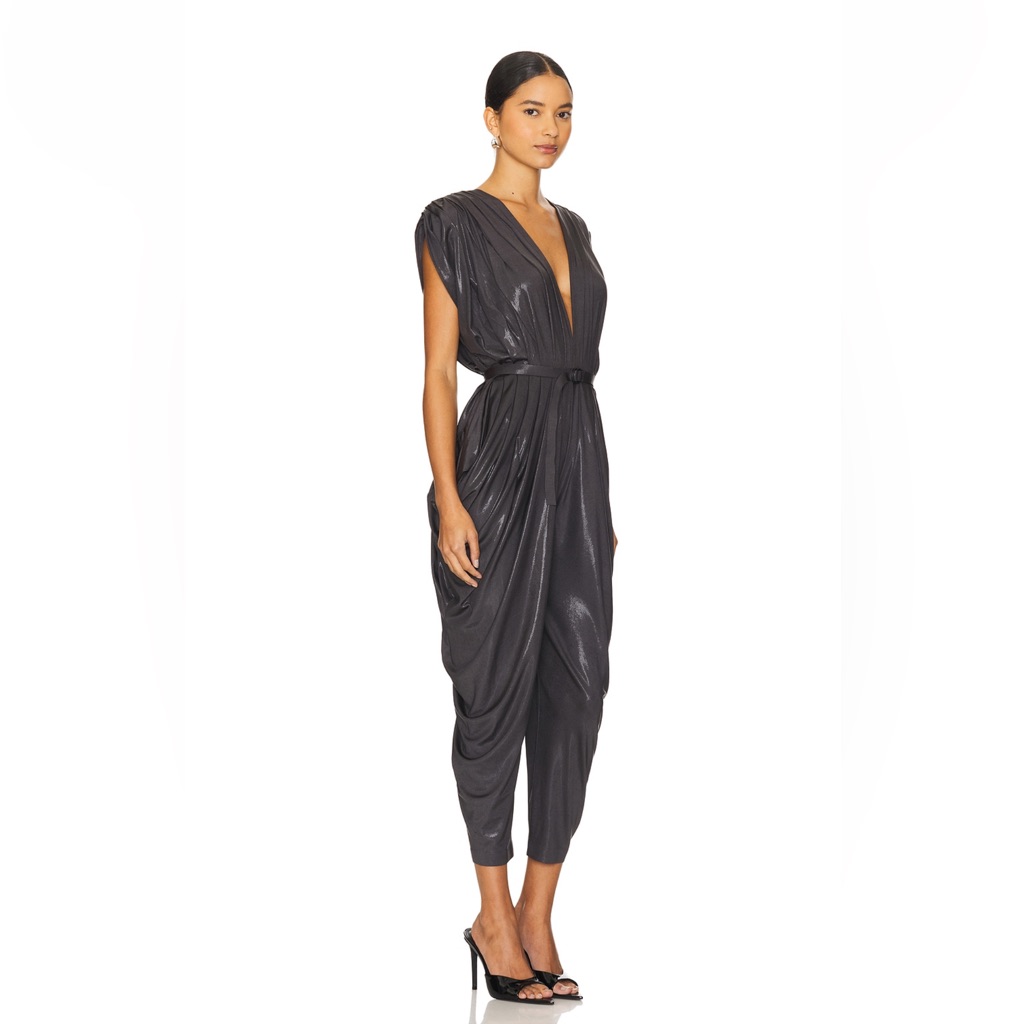 Norma Kamali Nwt Square Sleeve Waterfall Jumpsuit In Charcoal